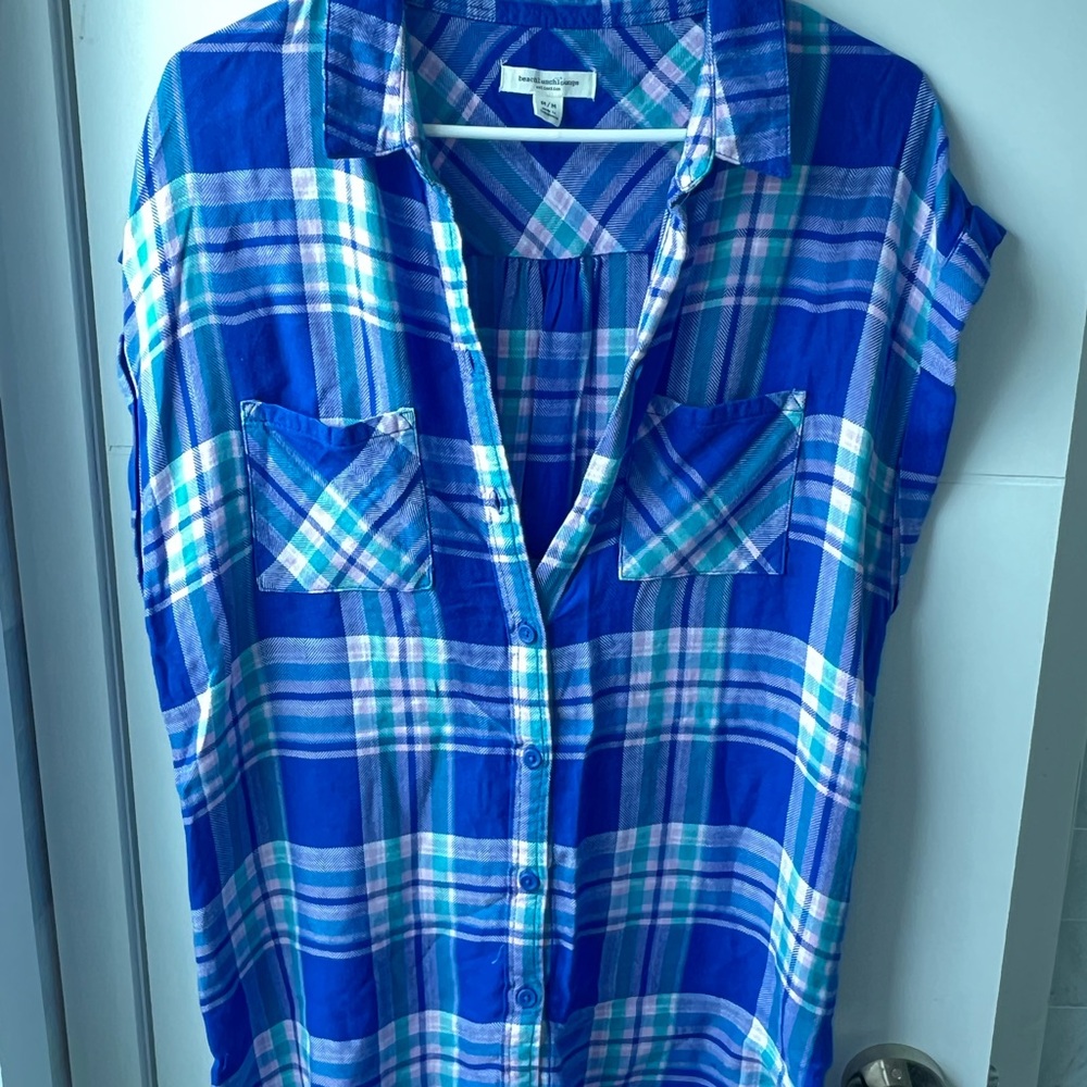 beachlunchlounge Blue Plaid Blouse NWOT